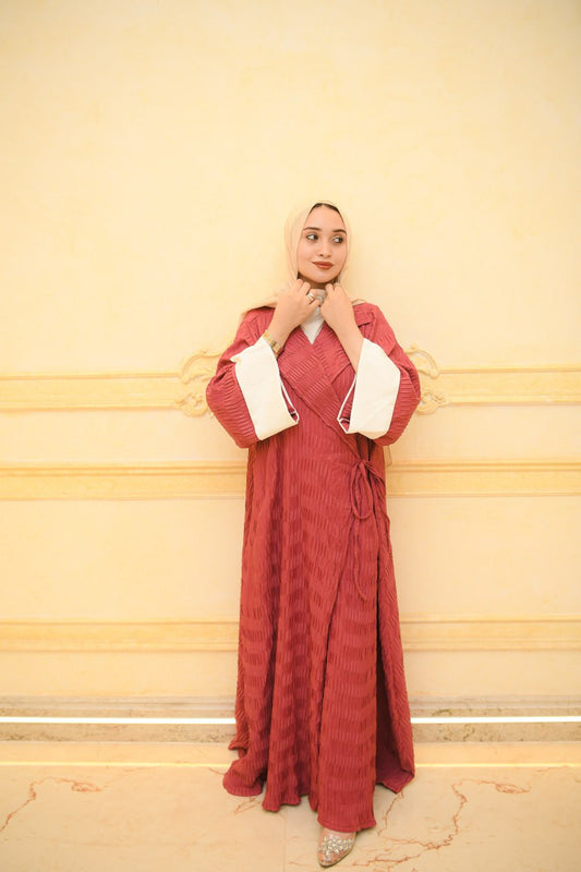 Open Plissé Kimono Abaya – Brick Red