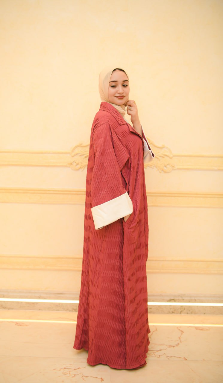 Open Plissé Kimono Abaya – Brick Red